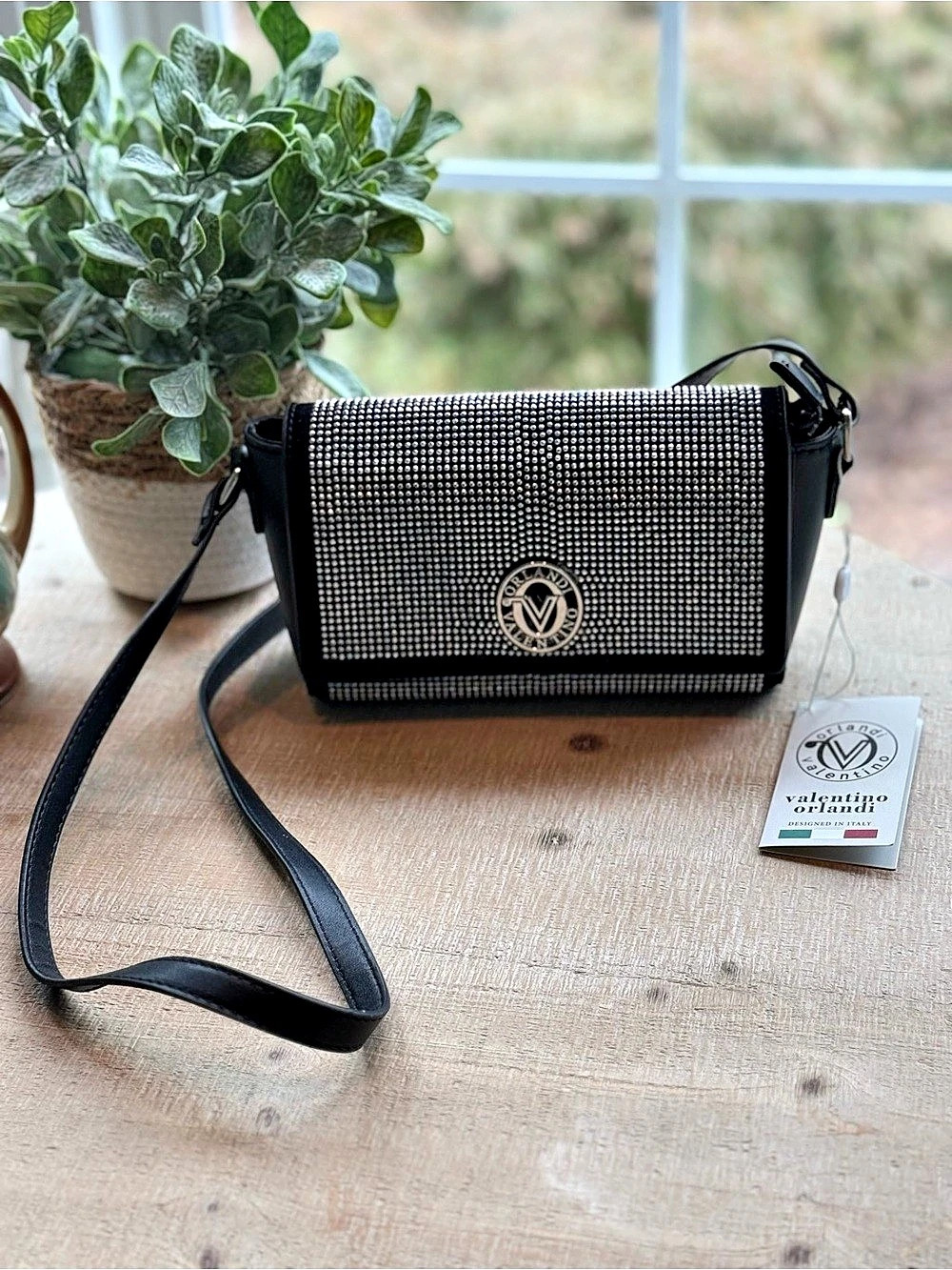 Valentino Orlandi Black Rhinestone Studded Crossbody Shoulder Bag NWT